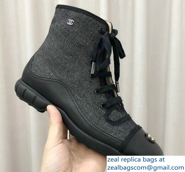 Chanel Denim/Leather Vintage Lace-Up High-Top Sneakers Black 2018