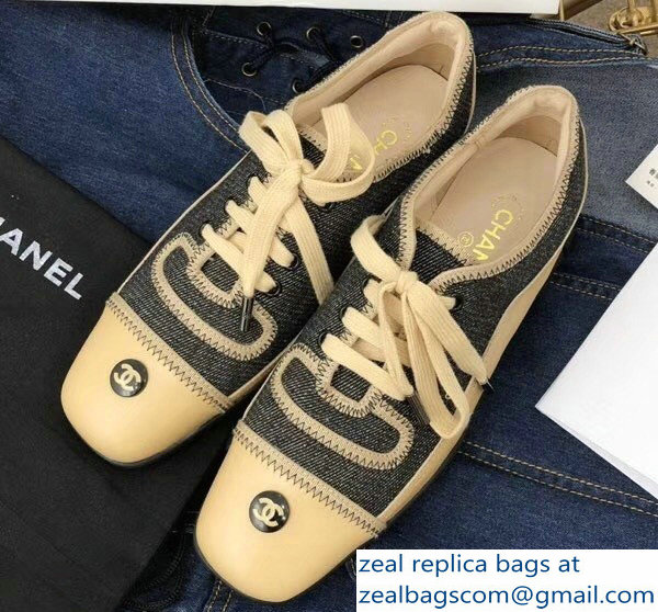 Chanel Denim/Leather Vintage Lace-Up Sneakers Beige 2018