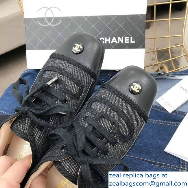 Chanel Denim/Leather Vintage Lace-Up Sneakers Black 2018