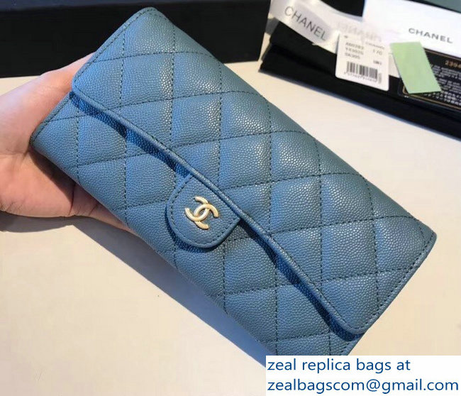 Chanel Grained Calfskin Caviar Classic Flap Wallet Denim Blue