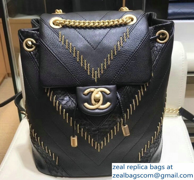 Chanel Metallic Perforated Coco Chevron Backpack Bag Black 2018
