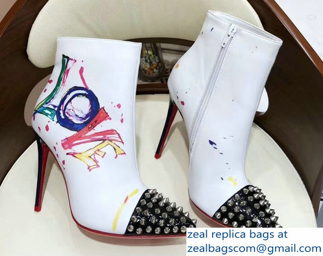 Christian Louboutin Heel 10cm Love is a Boot Ankle Boots White/Black Studs 2018 - Click Image to Close