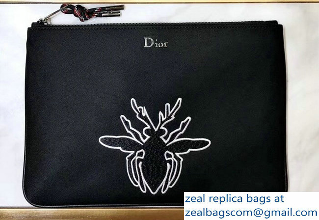 Dior Flat Pouch Clutch Bag In Black Nylon With Bee Patches 2018