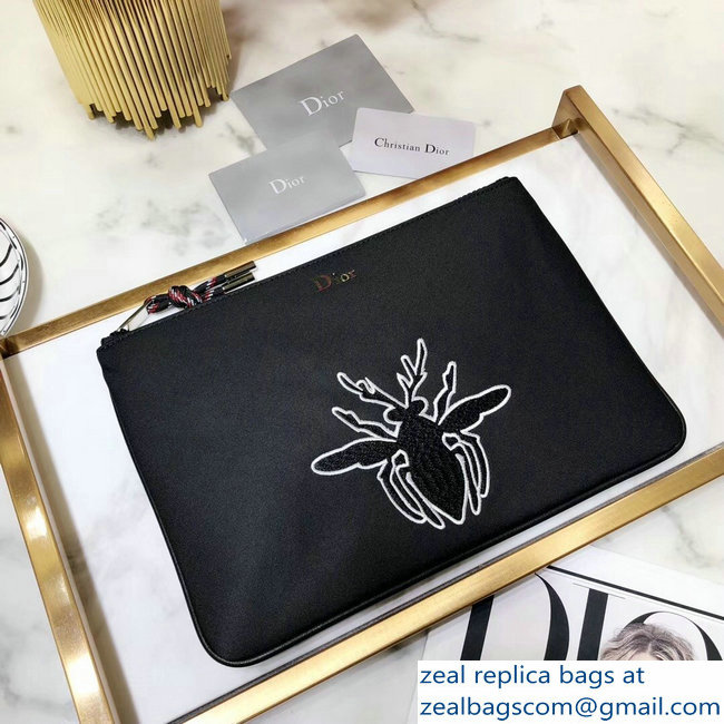 Dior Flat Pouch Clutch Bag In Black Nylon With Bee Patches 2018