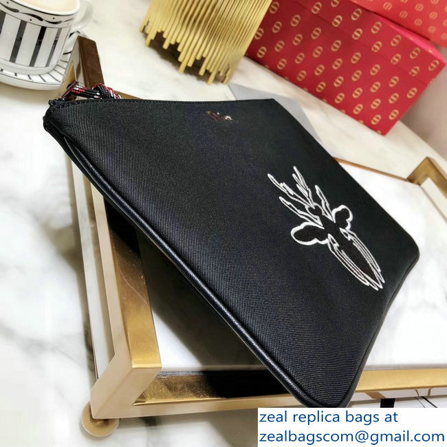 Dior Flat Pouch Clutch Bag In Black Nylon With Bee Patches 2018