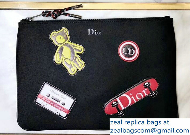 Dior Flat Pouch Clutch Bag In Nylon With Multiple Patches Black 2018 - Click Image to Close