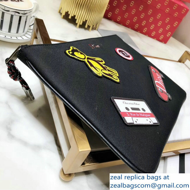 Dior Flat Pouch Clutch Bag In Nylon With Multiple Patches Black 2018