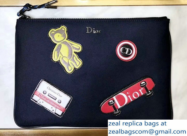 Dior Flat Pouch Clutch Bag In Nylon With Multiple Patches Navy Blue 2018