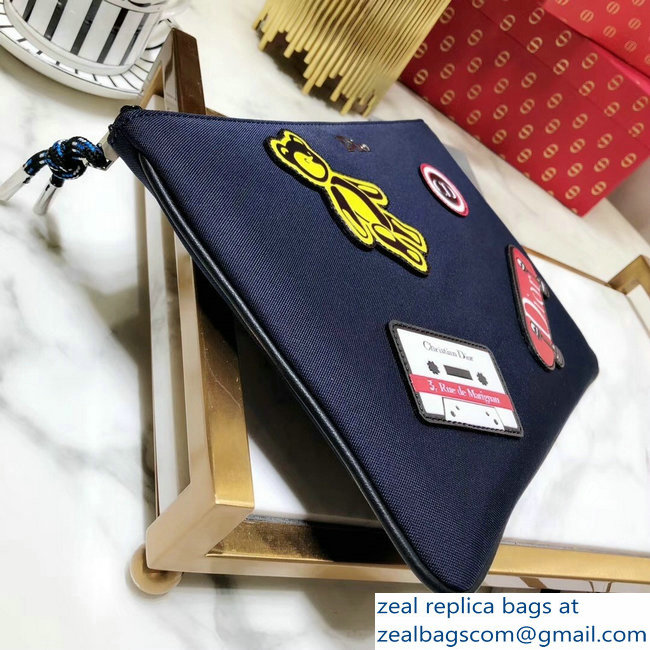 Dior Flat Pouch Clutch Bag In Nylon With Multiple Patches Navy Blue 2018