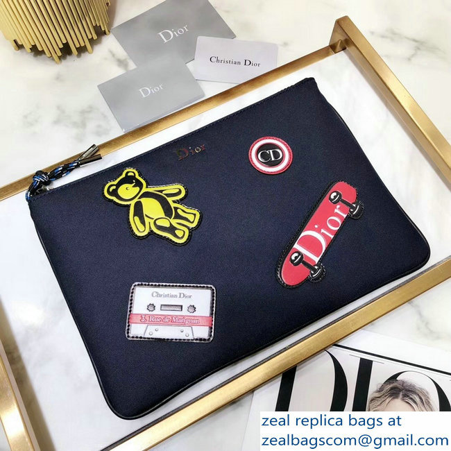 Dior Flat Pouch Clutch Bag In Nylon With Multiple Patches Navy Blue 2018