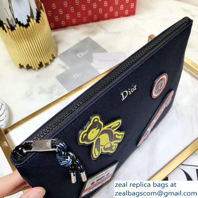 Dior Flat Pouch Clutch Bag In Nylon With Multiple Patches Navy Blue 2018