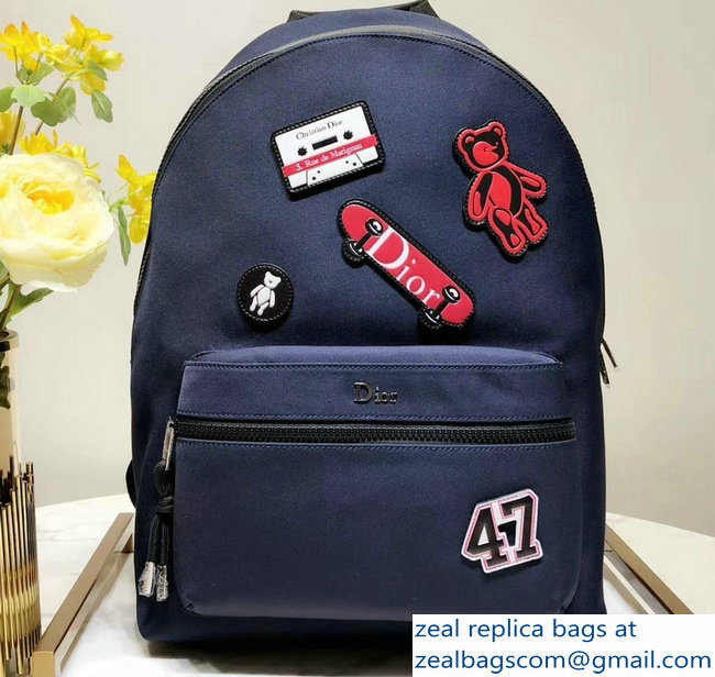 Dior Rider Rucksack Backpack Bag In Nylon With Multiple Patches Navy Blue 2018