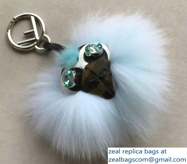 Fendi FF Fabric With Crystal Eyes Fur Space Monkey Bag Charm Pale Blue 2018 - Click Image to Close