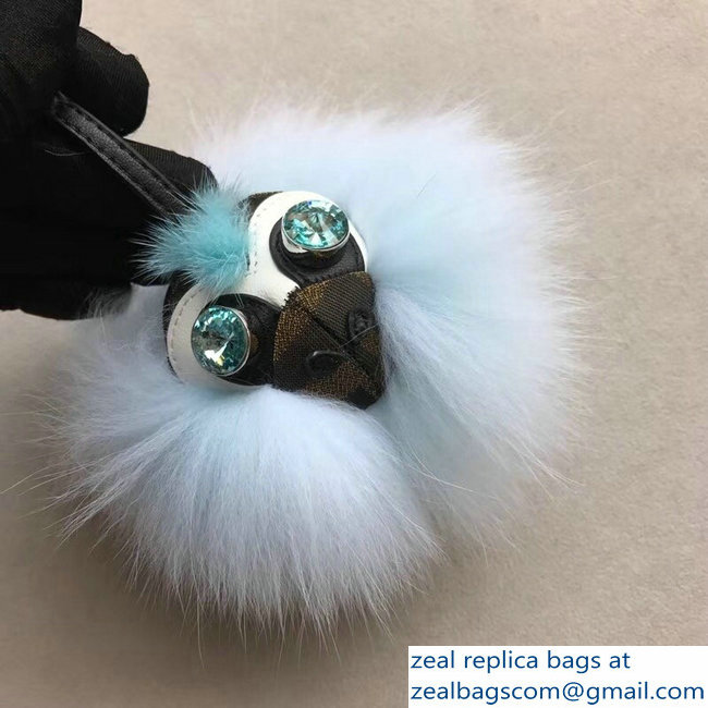 Fendi FF Fabric With Crystal Eyes Fur Space Monkey Bag Charm Pale Blue 2018 - Click Image to Close