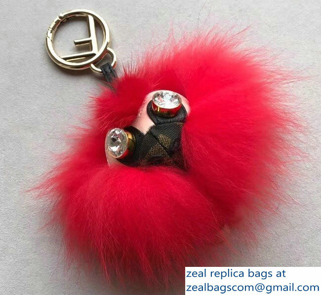 Fendi FF Fabric With Crystal Eyes Fur Space Monkey Bag Charm Red 2018 - Click Image to Close