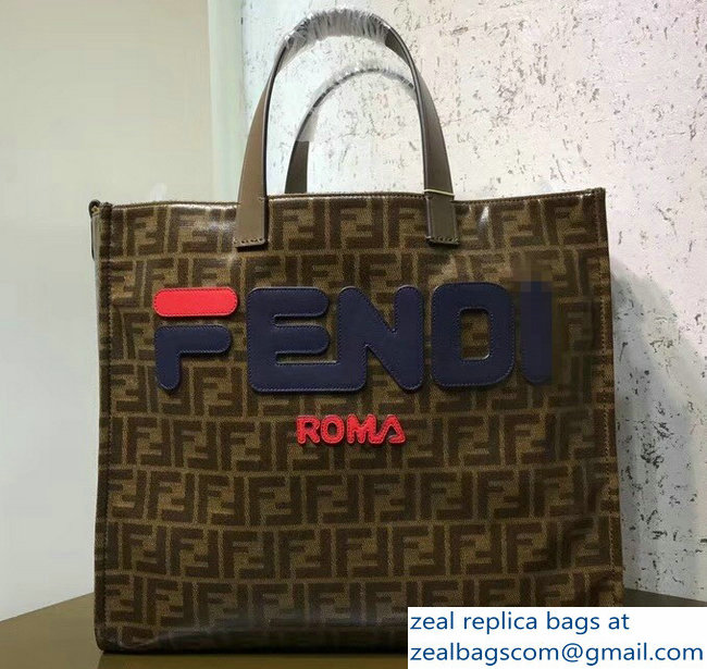 Fendi Glazed Jacquard Fabric FF Brown Shopper Tote Bag Blue Logo 2018 - Click Image to Close