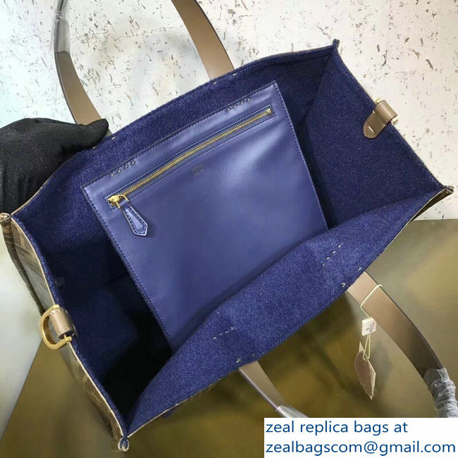 Fendi Glazed Jacquard Fabric FF Brown Shopper Tote Bag Blue Logo 2018