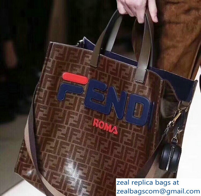 Fendi Glazed Jacquard Fabric FF Brown Shopper Tote Bag Blue Logo 2018 - Click Image to Close