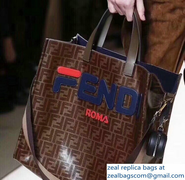 Fendi Glazed Jacquard Fabric FF Brown Shopper Tote Bag Blue Logo 2018