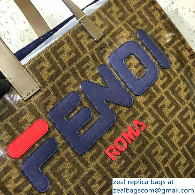 Fendi Glazed Jacquard Fabric FF Brown Shopper Tote Bag Blue Logo 2018 - Click Image to Close