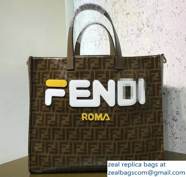 Fendi Glazed Jacquard Fabric FF Brown Shopper Tote Bag White Logo 2018 - Click Image to Close