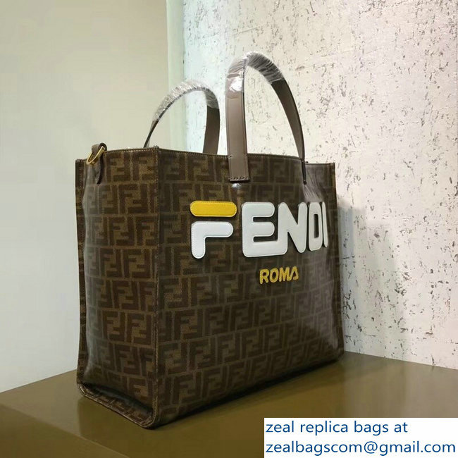 Fendi Glazed Jacquard Fabric FF Brown Shopper Tote Bag White Logo 2018