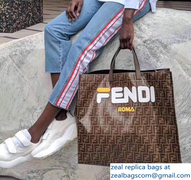 Fendi Glazed Jacquard Fabric FF Brown Shopper Tote Bag White Logo 2018