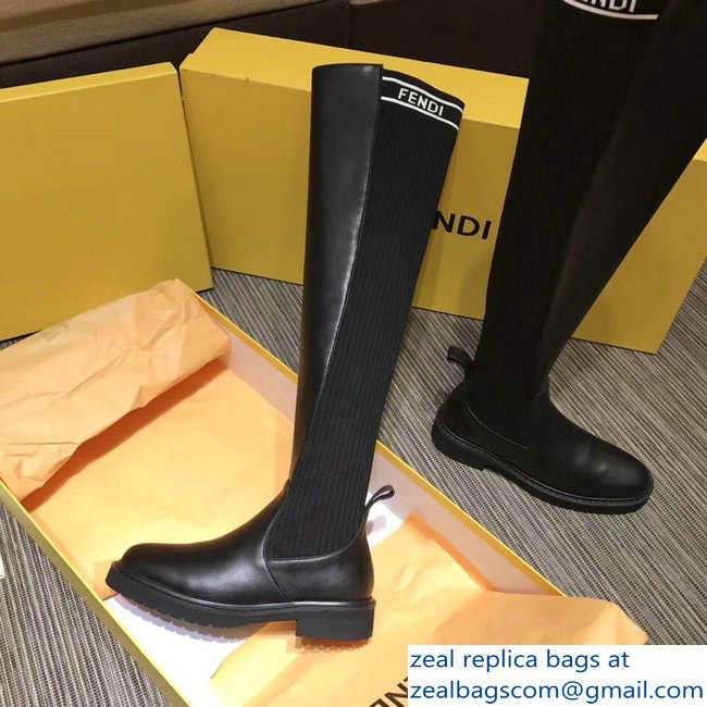 Fendi Logo Ribbed Fabric and Leather Thigh-High Cuissard Boots Black 2018