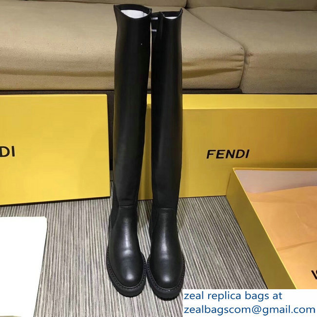 Fendi Logo Ribbed Fabric and Leather Thigh-High Cuissard Boots Black 2018