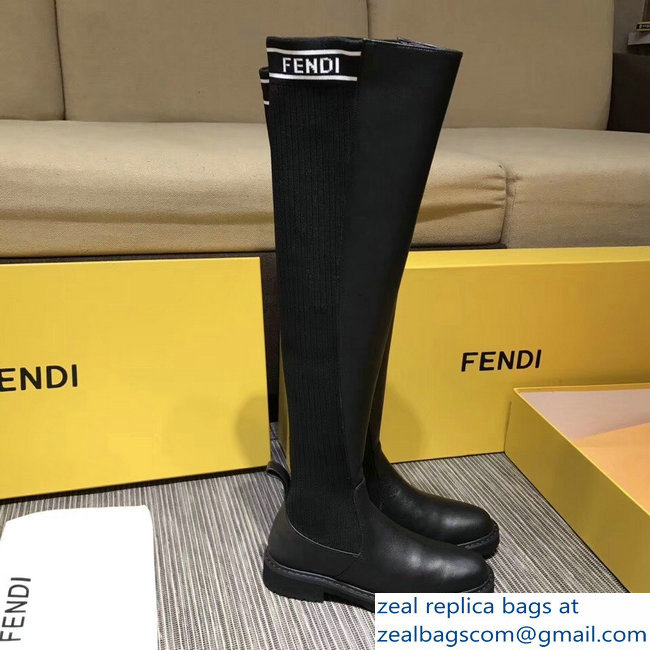 Fendi Logo Ribbed Fabric and Leather Thigh-High Cuissard Boots Black 2018