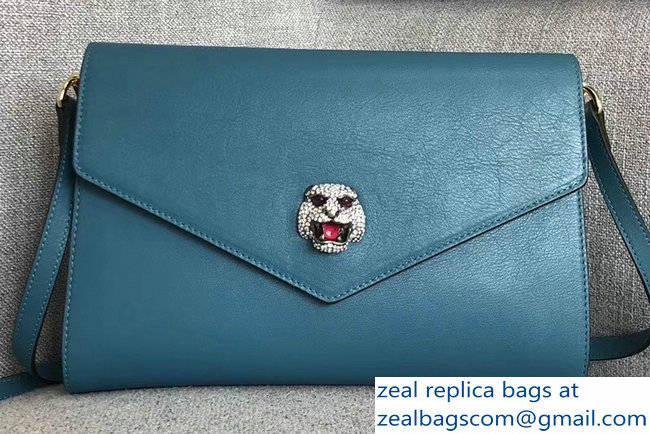 Gucci Feline Head With Crystals Medium Shoulder Bag 527857 Lake Blue 2018 - Click Image to Close