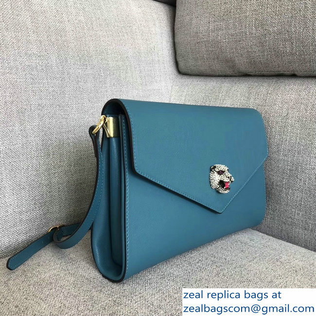 Gucci Feline Head With Crystals Medium Shoulder Bag 527857 Lake Blue 2018