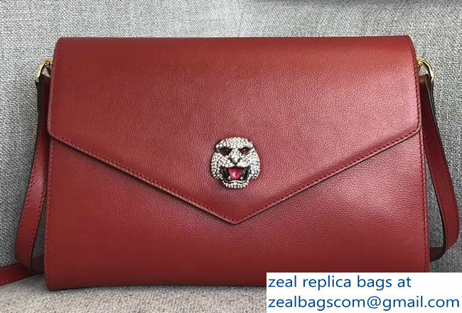 Gucci Feline Head With Crystals Medium Shoulder Bag 527857 Red 2018