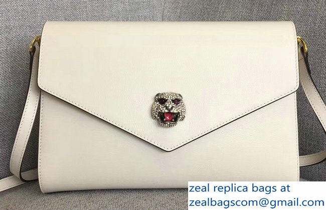 Gucci Feline Head With Crystals Medium Shoulder Bag 527857 White 2018 - Click Image to Close