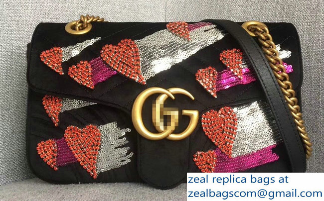 Gucci GG Marmont Chevron Small Chain Shoulder Bag 443497 Black Velvet Sequins and Crystals Heart 2018