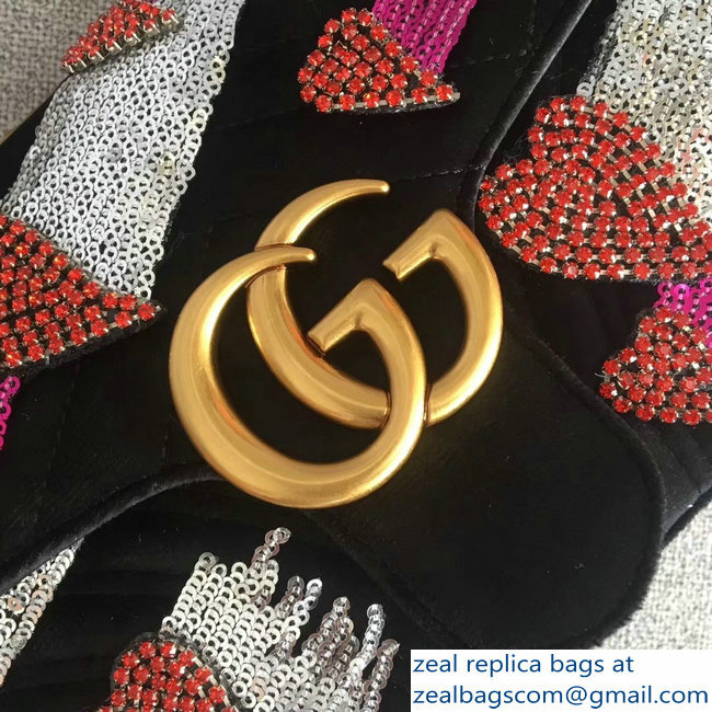 Gucci GG Marmont Chevron Small Chain Shoulder Bag 443497 Black Velvet Sequins and Crystals Heart 2018 - Click Image to Close