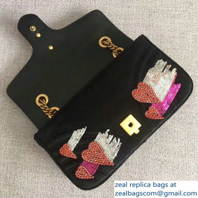 Gucci GG Marmont Chevron Small Chain Shoulder Bag 443497 Black Velvet Sequins and Crystals Heart 2018