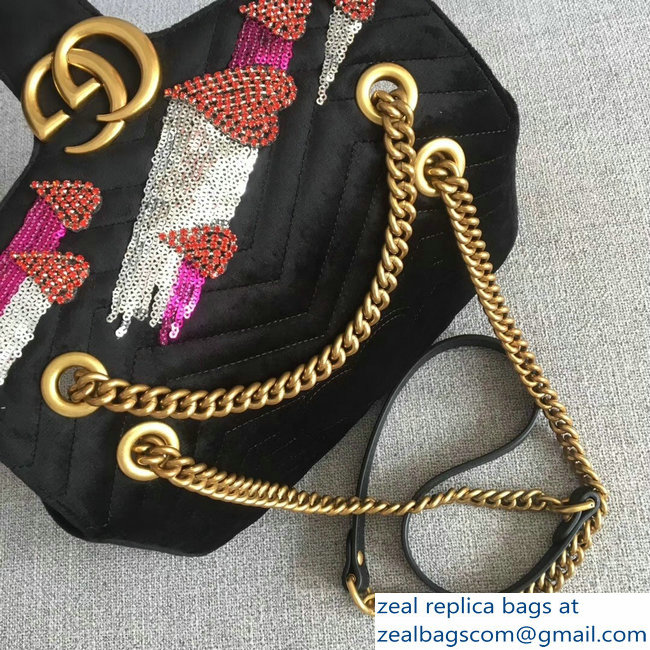 Gucci GG Marmont Chevron Small Chain Shoulder Bag 443497 Black Velvet Sequins and Crystals Heart 2018 - Click Image to Close