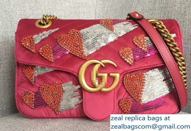 Gucci GG Marmont Chevron Small Chain Shoulder Bag 443497 Pink Velvet Sequins and Crystals Heart 2018 - Click Image to Close
