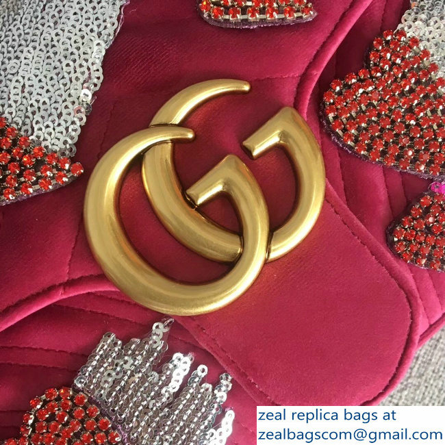 Gucci GG Marmont Chevron Small Chain Shoulder Bag 443497 Pink Velvet Sequins and Crystals Heart 2018 - Click Image to Close