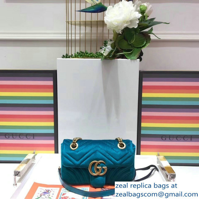 Gucci GG Marmont Matelasse Chevron Mini Chain Shoulder Bag 446744 Velvet Turquoise - Click Image to Close