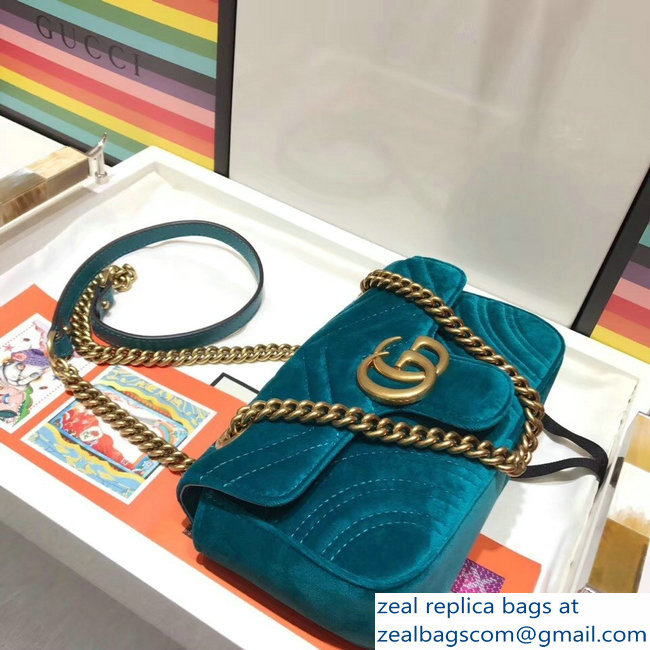 Gucci GG Marmont Matelasse Chevron Mini Chain Shoulder Bag 446744 Velvet Turquoise