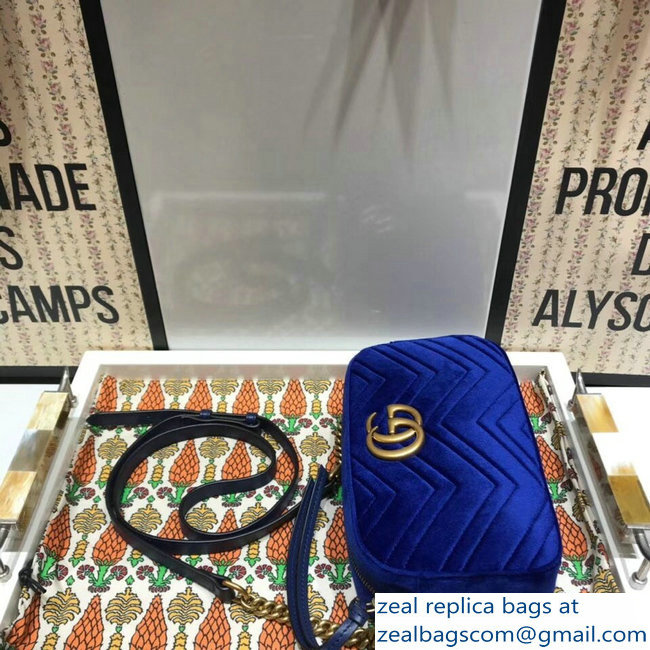 Gucci GG Marmont Matelasse Chevron Shoulder Small Bag 447632 Velvet Blue