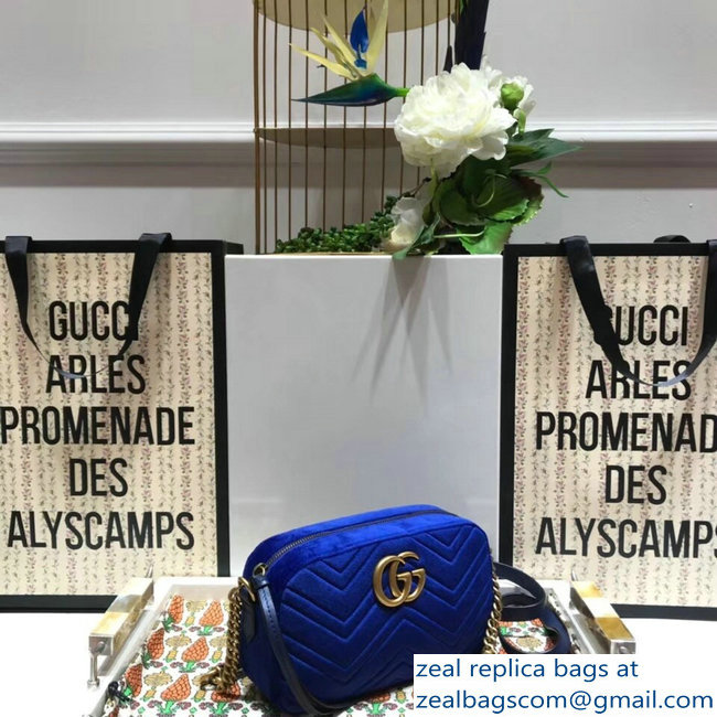 Gucci GG Marmont Matelasse Chevron Shoulder Small Bag 447632 Velvet Blue