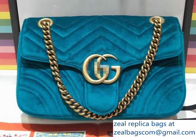 Gucci GG Marmont Matelasse Chevron Small Chain Shoulder Bag 443497 Velvet Turquoise - Click Image to Close