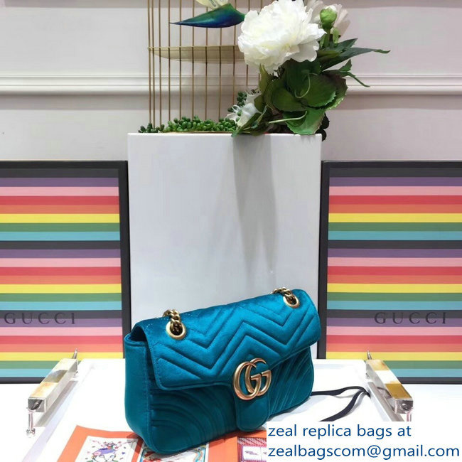 Gucci GG Marmont Matelasse Chevron Small Chain Shoulder Bag 443497 Velvet Turquoise - Click Image to Close