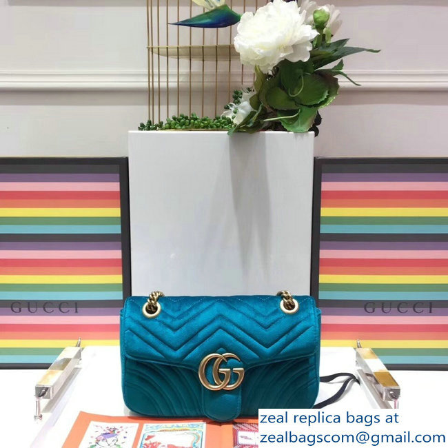 Gucci GG Marmont Matelasse Chevron Small Chain Shoulder Bag 443497 Velvet Turquoise - Click Image to Close