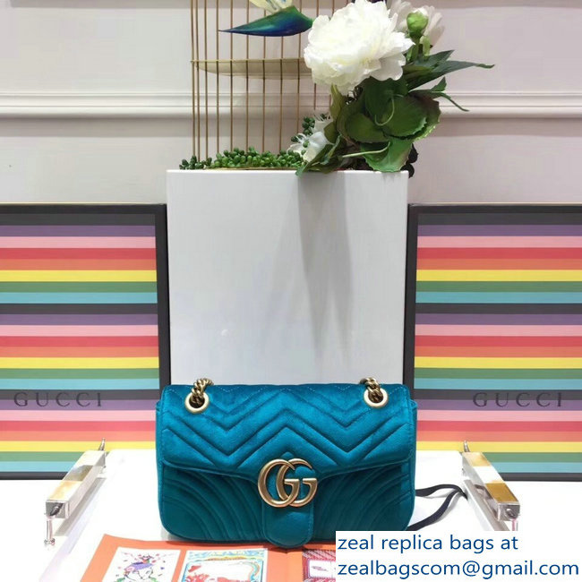 Gucci GG Marmont Matelasse Chevron Small Chain Shoulder Bag 443497 Velvet Turquoise