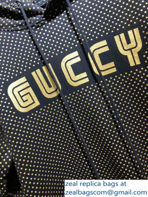 Gucci Gold Stars and Guccy Hooded Sweatshirt Black 2018 - Click Image to Close