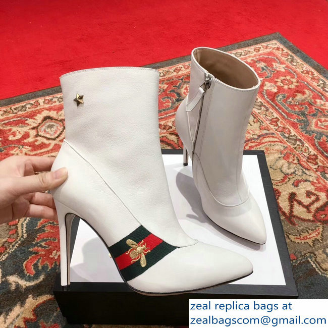 Gucci Heel 9cm Web Bee and Star Boots White 2018 - Click Image to Close